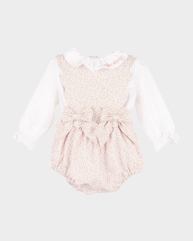 Girl's Floral Embroidered Cotton Overalls, Size 6M-
